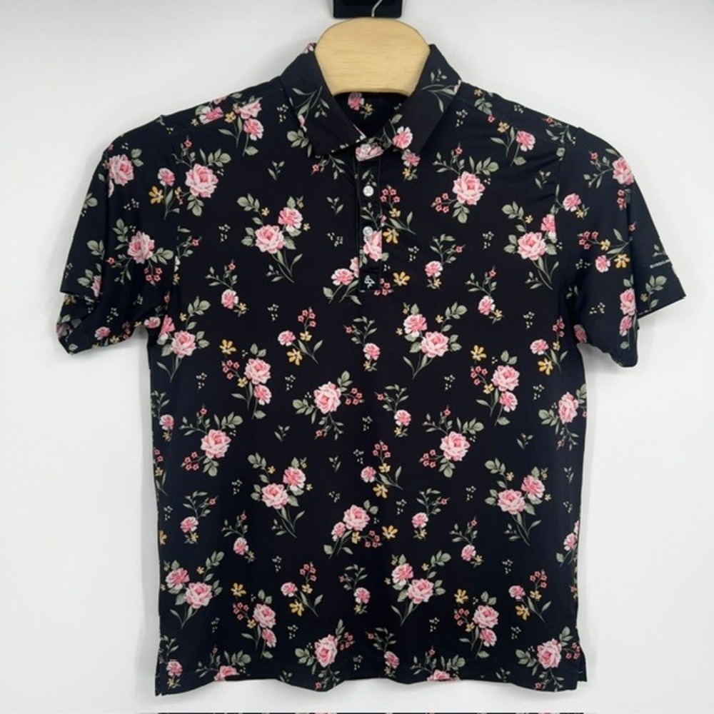 Byrdgang Men's Medium Black and Pink Floral Rose Performance Stretch Polo Shirt